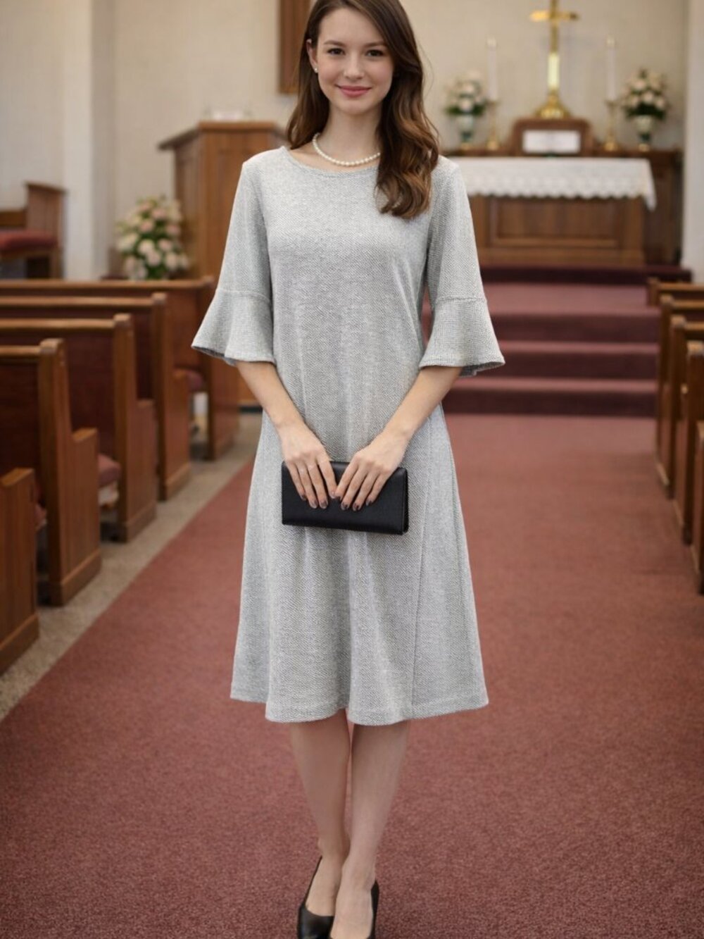 Tahari Light Grey Textured Knit 3/4 Length Sleeves Dress Size 10